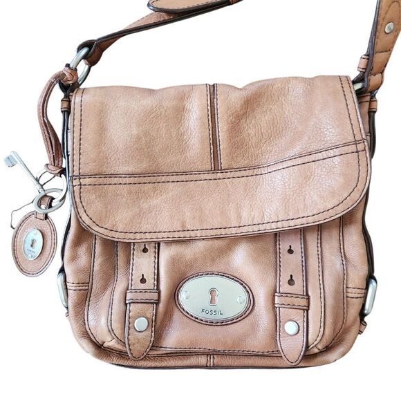Fossil Leather Handbag Purse Messenger Brown Flap Shoulder Heavy Hardware - Picture 4 of 11